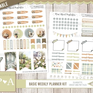 May include: Printable planner stickers with a spring theme. The stickers feature butterflies, flowers, a door, and a house. The stickers are designed for use with a weekly planner. The text "Plan Ahead Printables" is included on the stickers.