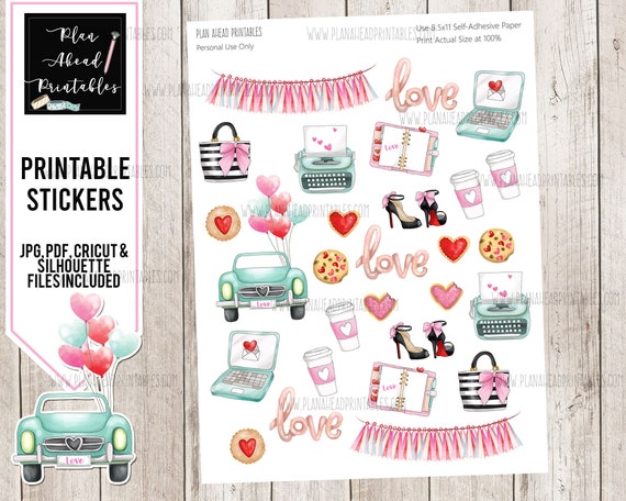 Printable Stickers for Planners, Scrapbooking or Card Making, Valentine  Glam Day Planner Love