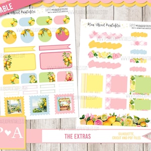 May include: Two printable sheets of lemon-themed planner stickers. The first sheet has a variety of shapes and sizes, including boxes, circles, and banners. The second sheet has a variety of shapes and sizes, including boxes, banners, and stripes. The sheets are both yellow and pink with a lemon and floral design.