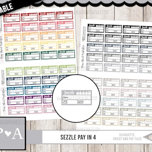 Puede incluir: Pegatinas imprimibles para un planificador o un diario. Las pegatinas son de varios colores y tienen el texto "Sezzle Pay in 4". Las pegatinas están diseñadas para ayudarte a realizar un seguimiento de tus pagos.