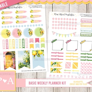 Puede incluir: Un kit de planificador imprimible con temática de limón. El kit incluye una variedad de pegatinas, incluyendo círculos, banderas, lazos y una puerta. El texto "Plan Ahead Printables" está incluido en la página.