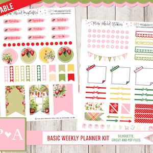Puede incluir: Un kit de pegatinas imprimibles para planificador con temática de fresa. El kit incluye una variedad de pegatinas, incluidos los días de la semana, las listas de tareas y las notas. Las pegatinas son de color rosa, verde, rojo y amarillo.