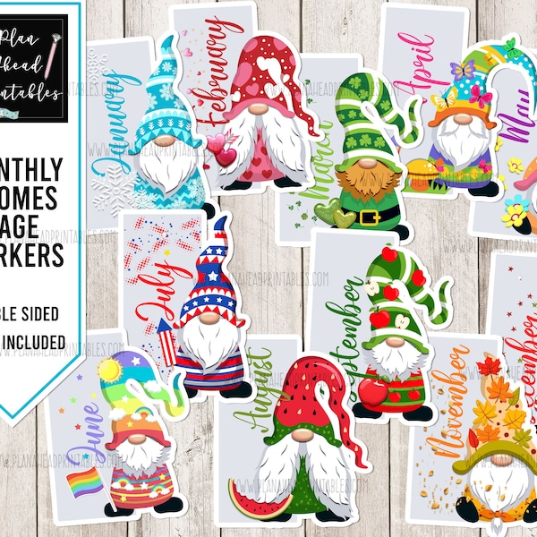 Printable Planner Page Marker, Book Mark, Set of 12 Monthly Gnomes