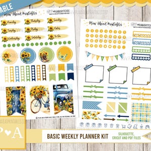 May include: A printable planner kit with a sunflower theme. The kit includes a variety of stickers, including boxes, banners, and flags. The kit also includes a basic weekly planner page with a sunflower design.