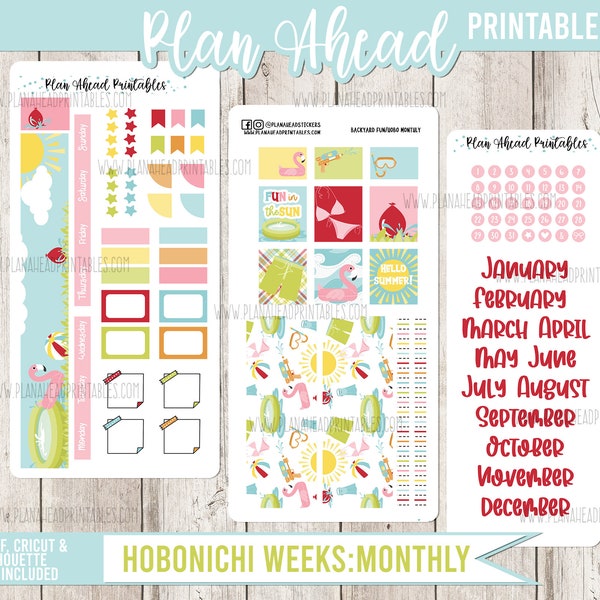 HOBONICHI WEEKS Printable Stickers Monthly Kit Summer Backyard Fun, June July August, Sunshine Swimming Water Balloons