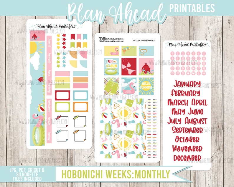 HOBONICHI WEEKS Printable Stickers Monthly Kit Summer Backyard Fun, June July August, Sunshine Swimming Water Balloons image 1