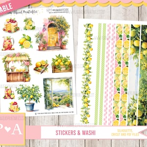 May include: Printable stickers and washi tape featuring lemons, lemonade stands, and a window view. The stickers are in a watercolor style with a pink and green color scheme. The washi tape is in a pink and green gingham pattern.