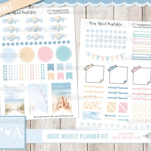 May include: Two sheets of printable planner stickers with a beach theme. The stickers include days of the week, circles, flags, and decorative elements in pastel colors. The text "Basic Weekly Planner Kit" is visible.