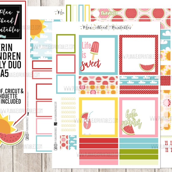 CLEARANCE! Erin Condren A5 Daily Duo Printable Sticker Weekly Planner Kit, Watermelon Summer