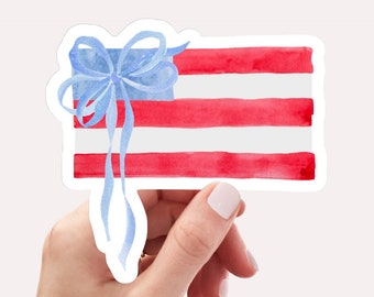 USA Flag Sticker With Bow, American Flag Coquette, Vinyl Waterproof Water Bottle Sticker