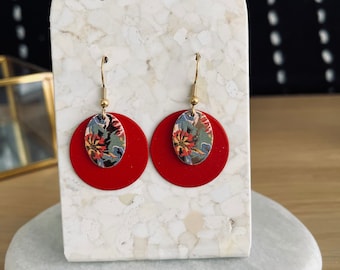 Red earrings with gold, red, blue, green flower print