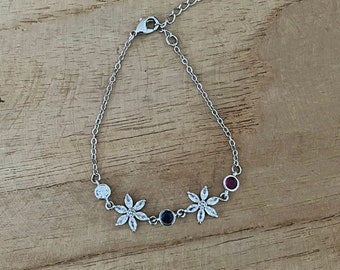 Fine silver bracelet, fuchsia pink, blue zircon flower and Crystal glass - ceremony, wedding jewelry