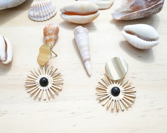 Earrings Golden satin sun with black onyx cabochon