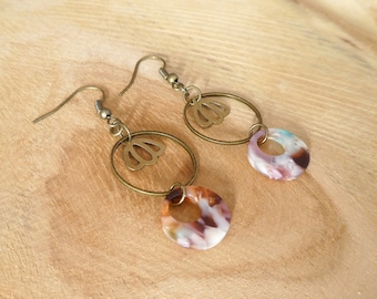 Boucles d'oreilles bronze et rose - petite fleur, rond donut en acétate /écaille de tortue