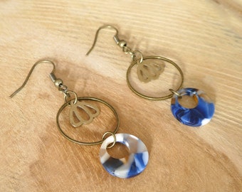 Bronze and blue earrings - small flower, round acetate donut /turtle scale