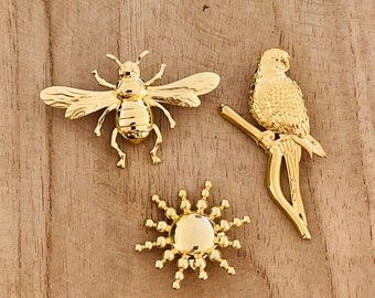 Golden stainless steel brooch Sun, Parrot, Insect, bee