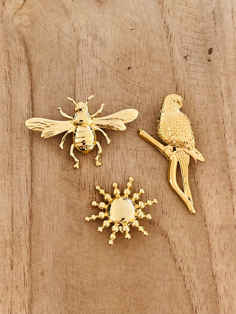 Golden stainless steel brooch Sun, Parrot, Insect, bee image 1