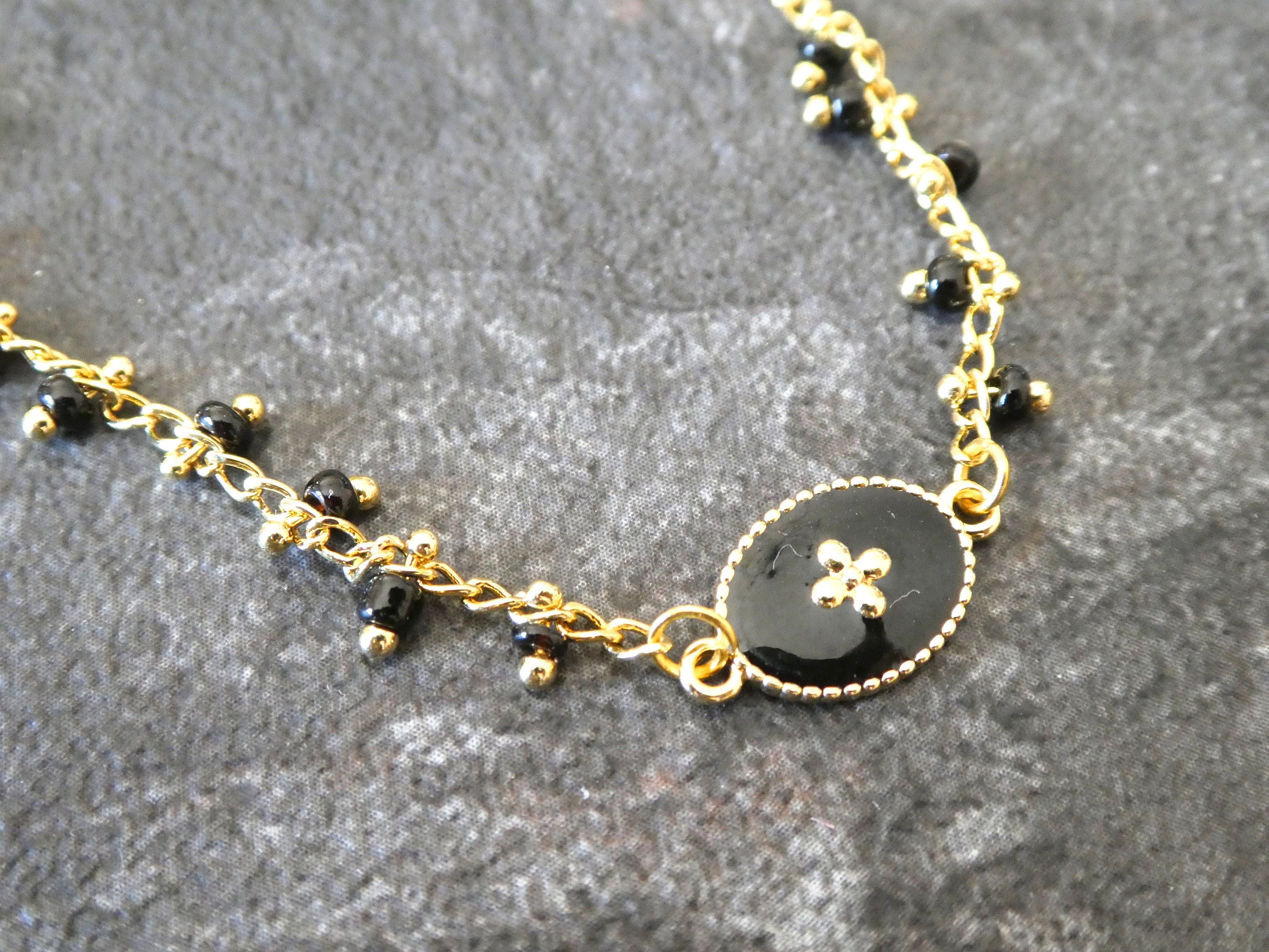 Gold fine bracelet black beaded chain black enamelled oval Etsy
