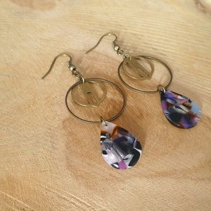 Bronze geometric earrings, multicolored acetate drop/ tortoiseshell