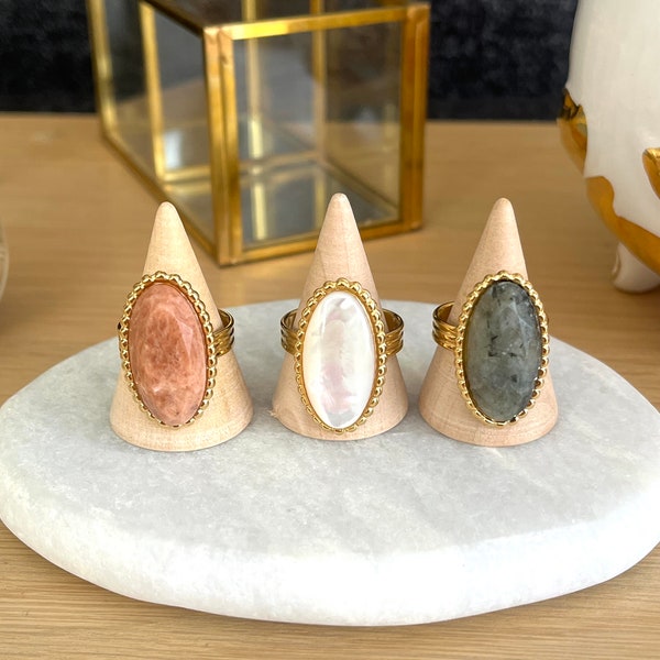 Oval ring Natural stone and golden stainless steel - Mother-of-pearl, Labradorite, Sunstone