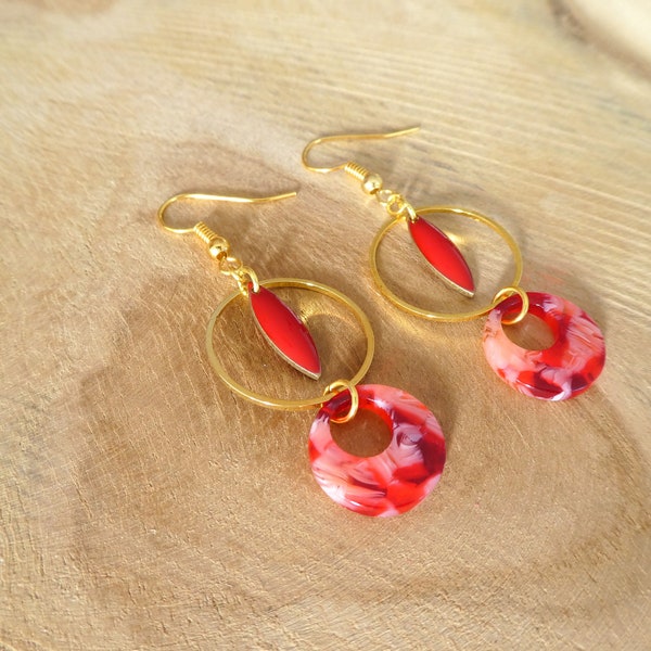 Boucles d'oreilles doré et rouge - sequin navette émaillé, rond donut en acétate /écaille de tortue