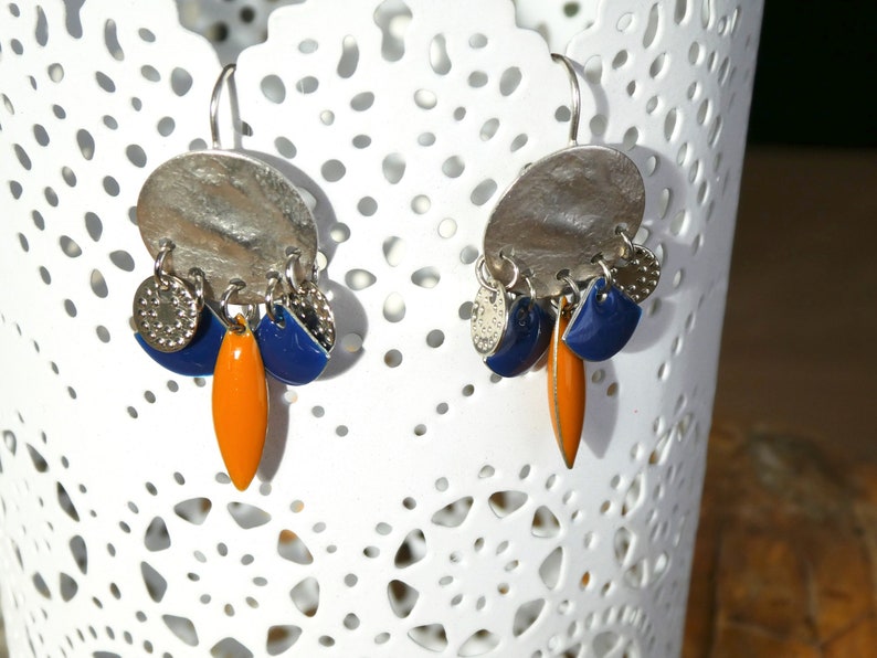 Midnight blue mustard yellow enamel charms Silver ethnic earrings