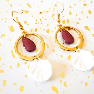 Golden earrings, raspberry drop sequin, white acetate petal