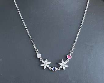 Fine silver flower necklace (rhodium), blue and fuchsia pink zircons, crystal glass - Ceremony, wedding jewelry