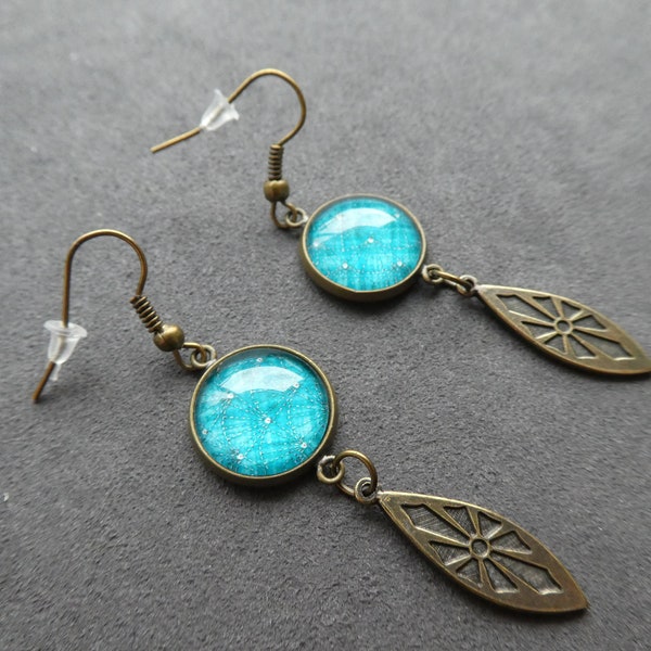 Boucles d'oreilles ethniques, bronze et bleu canard - boucles d'oreilles cabochon