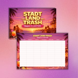 Könnte beinhalten: Zweiteiliges Spielbrett-Set mit tropischem Sonnenuntergang-Thema. Das obere Brett zeigt den Text "STADT LAND TRASH TRASH TV EDITION" mit einem sich umarmenden Paar. Das untere Brett ist ein Raster für das Spiel.