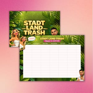 Könnte beinhalten: Zwei Stadt Land Trash Spielbretter. Das obere Brett zeigt das Logo des Spiels und Illustrationen von Personen. Das untere Brett hat ein Raster für das Gameplay und den Text "TRASH TV EDITION". Der Hintergrund ist eine Dschungelszene.