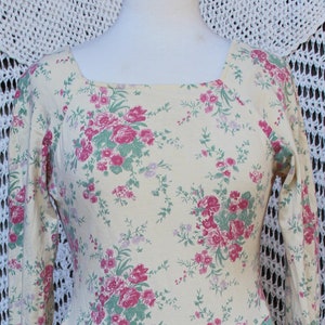 Ladies Laura Ashley Dress / Light Lemon Yellow, Pink Roses Cotton Mid Length Pleated Easter, Cottage Core Dress