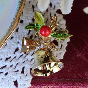 Christmas Bells Brooch, Pin, Vintage Christmas, Holiday Large Holly Bells Brooch Pin Gift Christmas Jewelry Holiday Accessories Jewelry Gift