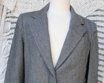 Grauer Damen-Woll-/Poly-Blazer/VINTG-Knopfverschluss-Wolltaille-Manteljacke/Elegante, satinierte Anzugjacke aus Wolle/Beruf, Karriere, Wissenschaft