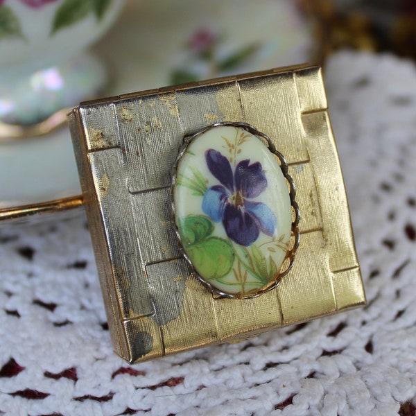 Miniature Pillbox / Purse Pillbox / Midcentury Small Golden Purple Violet Flower Porcelain Floral Pillbox Container / Tiny Pillbox Organizer