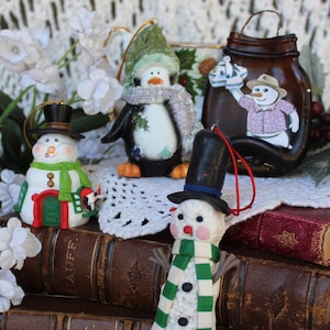 Snowmen, Penguin Ornaments, VINTG Set of 4 Holiday Tree Ornaments, Ornament Gift, VINTG Christmas Tree Decor Unique Christmas Tree Ornaments