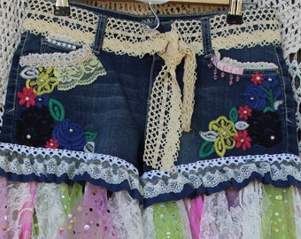 Handmade Reworked up Cycled Lace Trim Jean Shorts Denim Boho