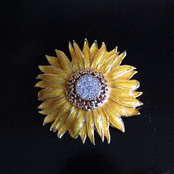 Große goldene Sonnenblume Brosche, Strass, gelbe Sonnenblume Modeschmuck Geschenk, Vintage schwere große Blume Brosche, Florale Brosche