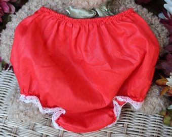 Babies 70s, 80s Red Bloomers, VINTG Dressy Red Unlined Diaper Cover, Red, White Lace Underpants, Babies Christmas Bloomers, Baby Underpants