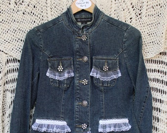 Ladies Lavishly Lacey Buttons and Bows Upcycled Denim Jacket - Size Small