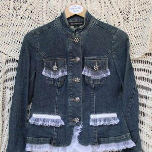 Ladies Lavishly Lacey Buttons and Bows Upcycled Denim Jacket - Size Small
