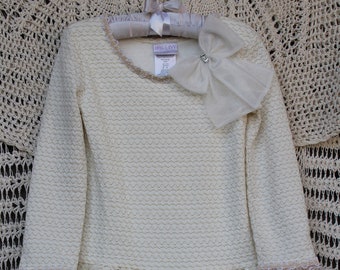 Chicas Glamorously Shabby Chic Crema con cuentas de manga larga rodilla longitud upcycled vestido - tamaño 6