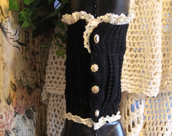 Ladies Cable Knitted Midnight Black with Delicate Ivory Lace and Pretty Buttons Ankle Warmers / Boot Decor - One Size