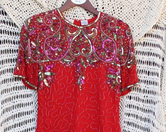 Ladies Flammin' Hot Red Silk Vintage Beaded Cocktail Dress par Laurence Kazar New York - Taille S
