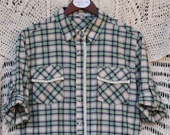 Ladies Boyfriend Green / Navy / Creamy Plaid with Gems & Lace Upcycled Short Sleeved Button Up Shirt - Size Small