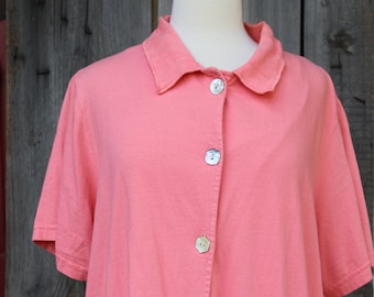 Ladies Peach Cotton / Linen Short Sleeve, Collared, Button Down with Pocket Vintage Shirt - Size XL