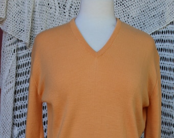 Ladies Mid Century Orange Sweater, Ultra Soft 100% Virgin Super Orlon Fine Interlock Knit, V-neckline, Long Sleeve, Apricot Sweater Size M/L