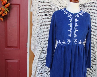 Ladies Midcentury Embroidered Pleated Dress, Bright Navy Blue Romantic Western Wear Dress, Zippered Front Robe Dress, Tea Party Dress