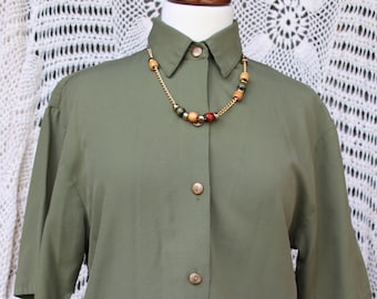 Señoras Summery aguacate verde manga corta botón delantero con collar desmontable blusa vintage - tamaño pequeño