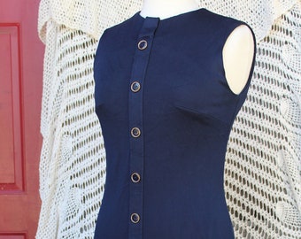Ladies 60s 70s Sleeveless Dress VINTG RARE George Small New York Navy Blue Striped Polyester Drop Waist Pleated Skirt Day Dress Office Dress